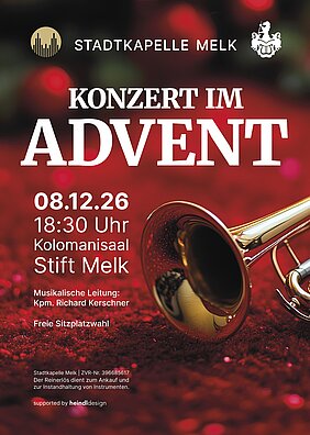 Rotes Plakat mit Trompete im Hintergrund. Datum, Uhrzeit & wichtige Details zum Konzert linksbündig aufgezählt (siehe Fließtext)