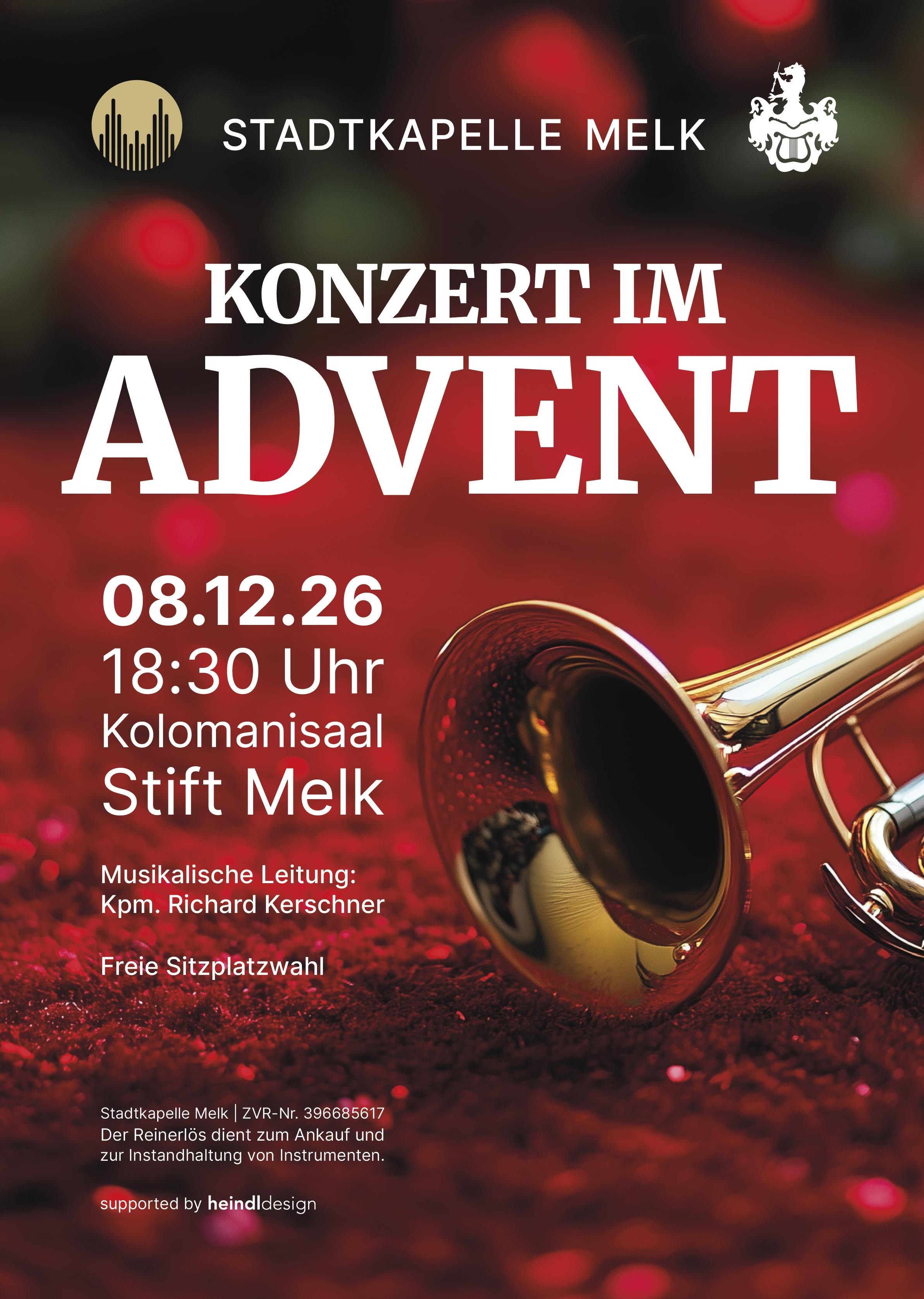 Rotes Plakat mit Trompete im Hintergrund. Datum, Uhrzeit & wichtige Details zum Konzert linksbündig aufgezählt (siehe Fließtext)